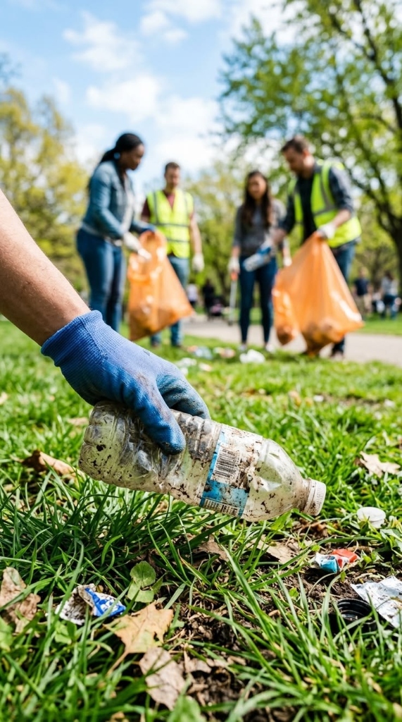Community volunteers collecting plastic waste during a clean-up drive
